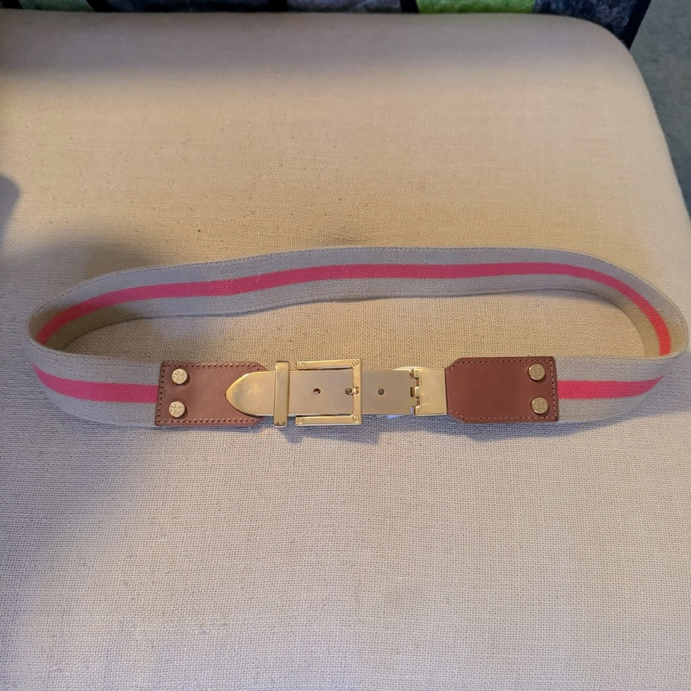 Tory Burch Hinged Gold Buckle Stretch Belt Pink Tan S